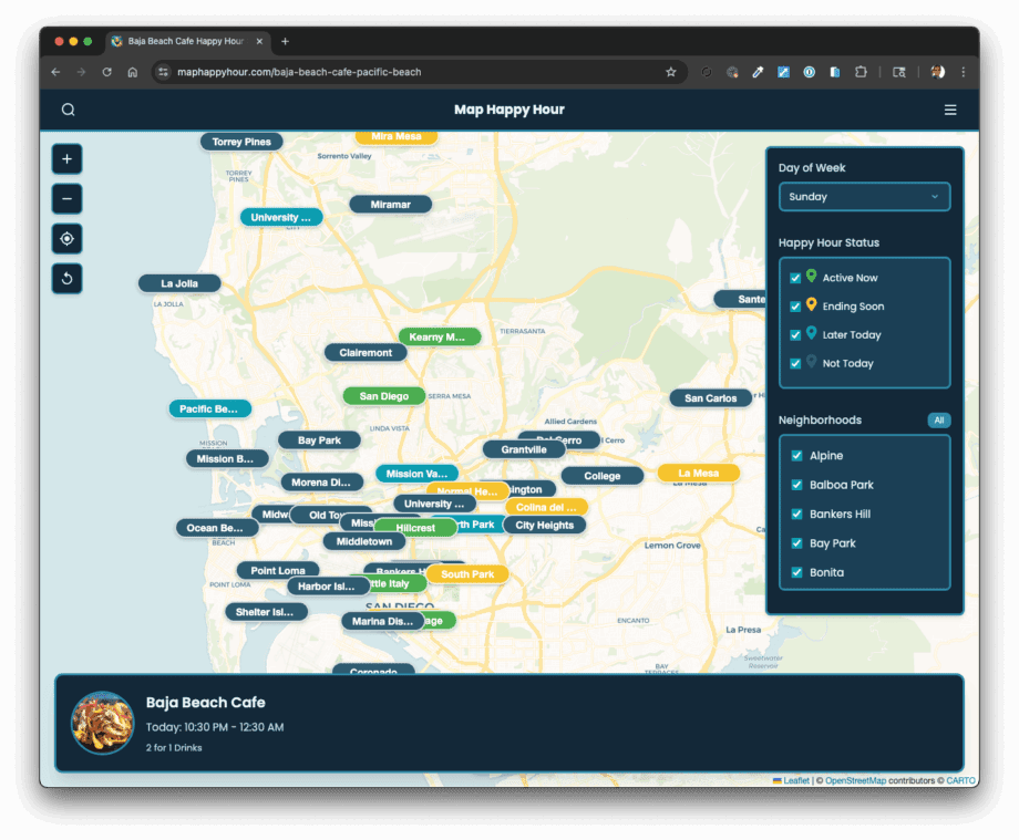 MapHappyHour.com Screenshot - Map Happy Hour San Diego Interactive Map by Encinitas3D